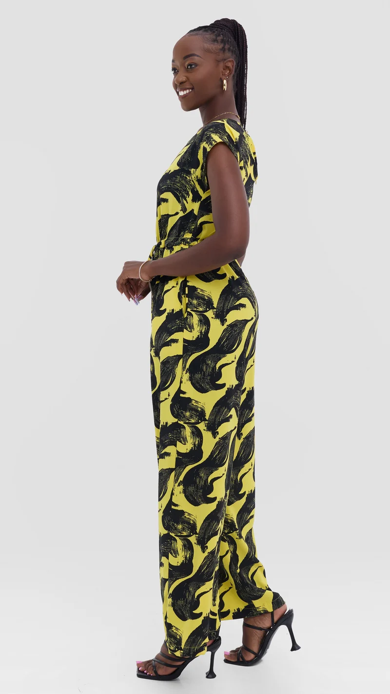 Vivo Sakari Drop Shoulder Jumpsuit in Crepe - Yellow / Black Print