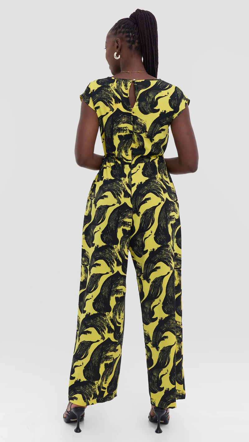 Vivo Sakari Drop Shoulder Jumpsuit in Crepe - Yellow / Black Print