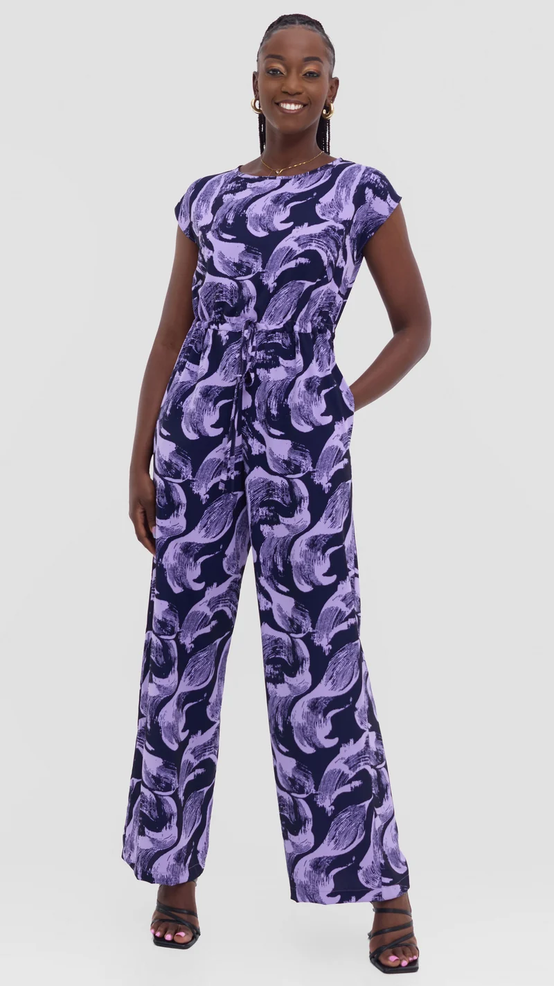 Vivo Sakari Drop Shoulder Jumpsuit in Crepe - Lilac / Navy Print