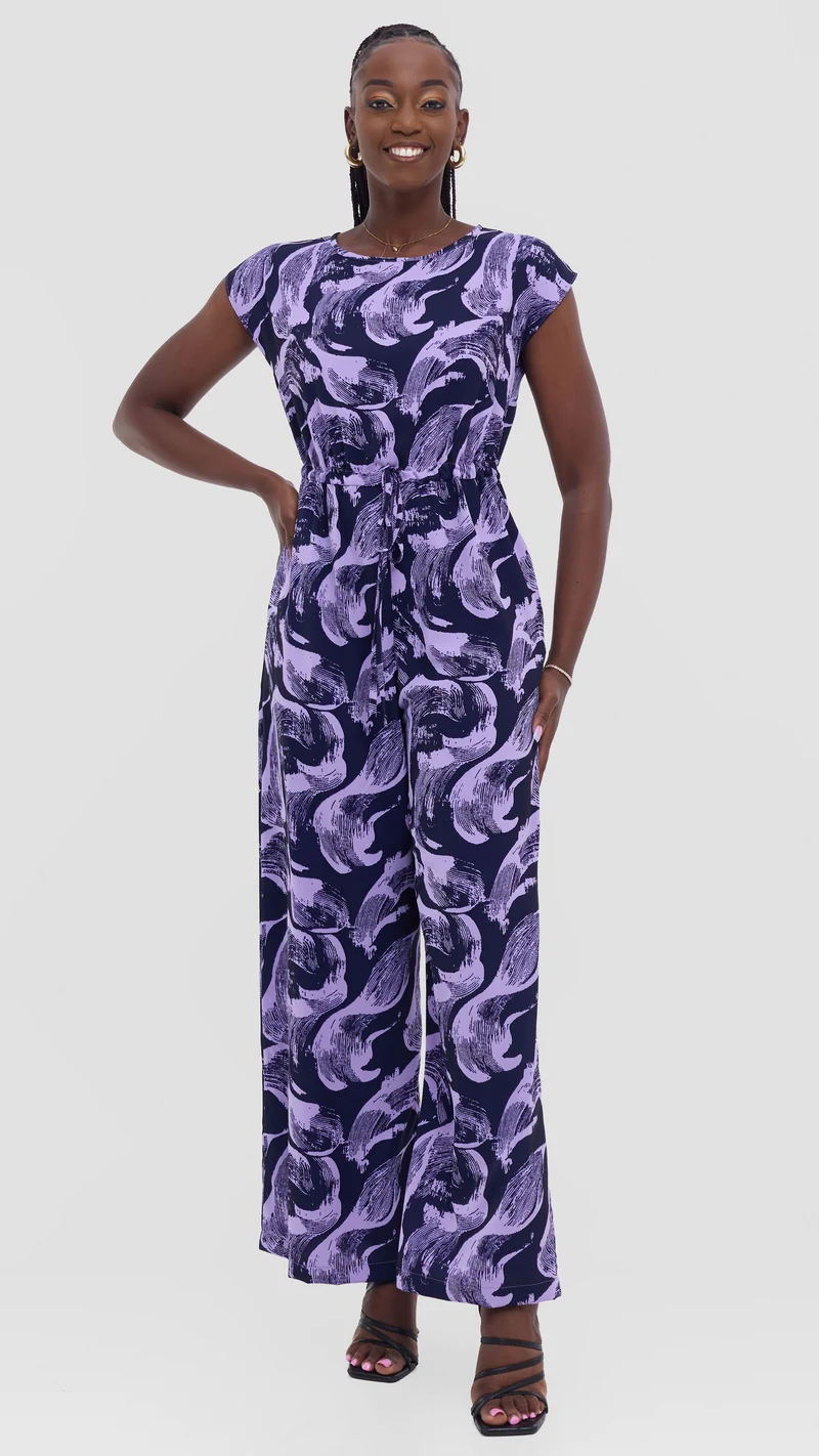Vivo Sakari Drop Shoulder Jumpsuit in Crepe - Lilac / Navy Print