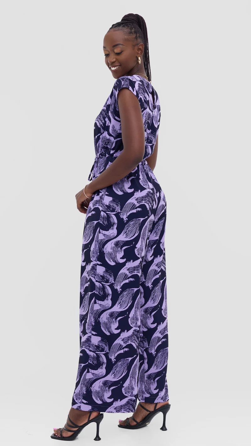 Vivo Sakari Drop Shoulder Jumpsuit in Crepe - Lilac / Navy Print
