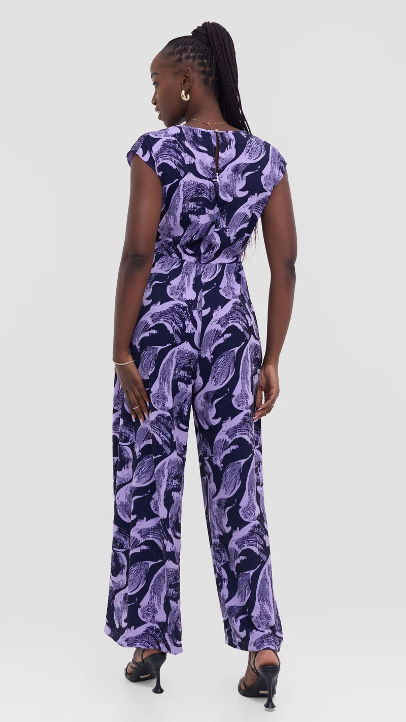 Vivo Sakari Drop Shoulder Jumpsuit in Crepe - Lilac / Navy Print