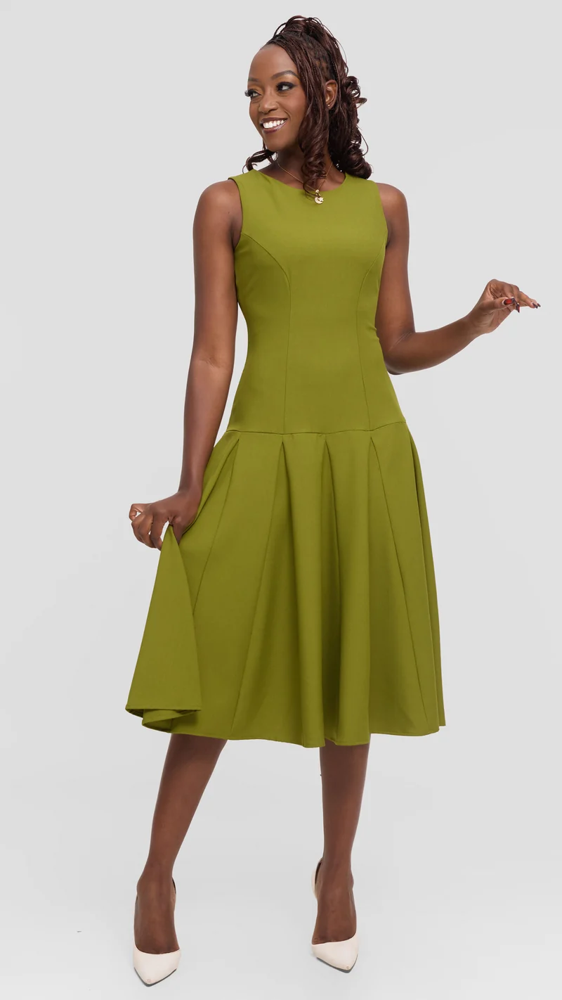 Vivo Godet Midi Dress in Crepe - Olive