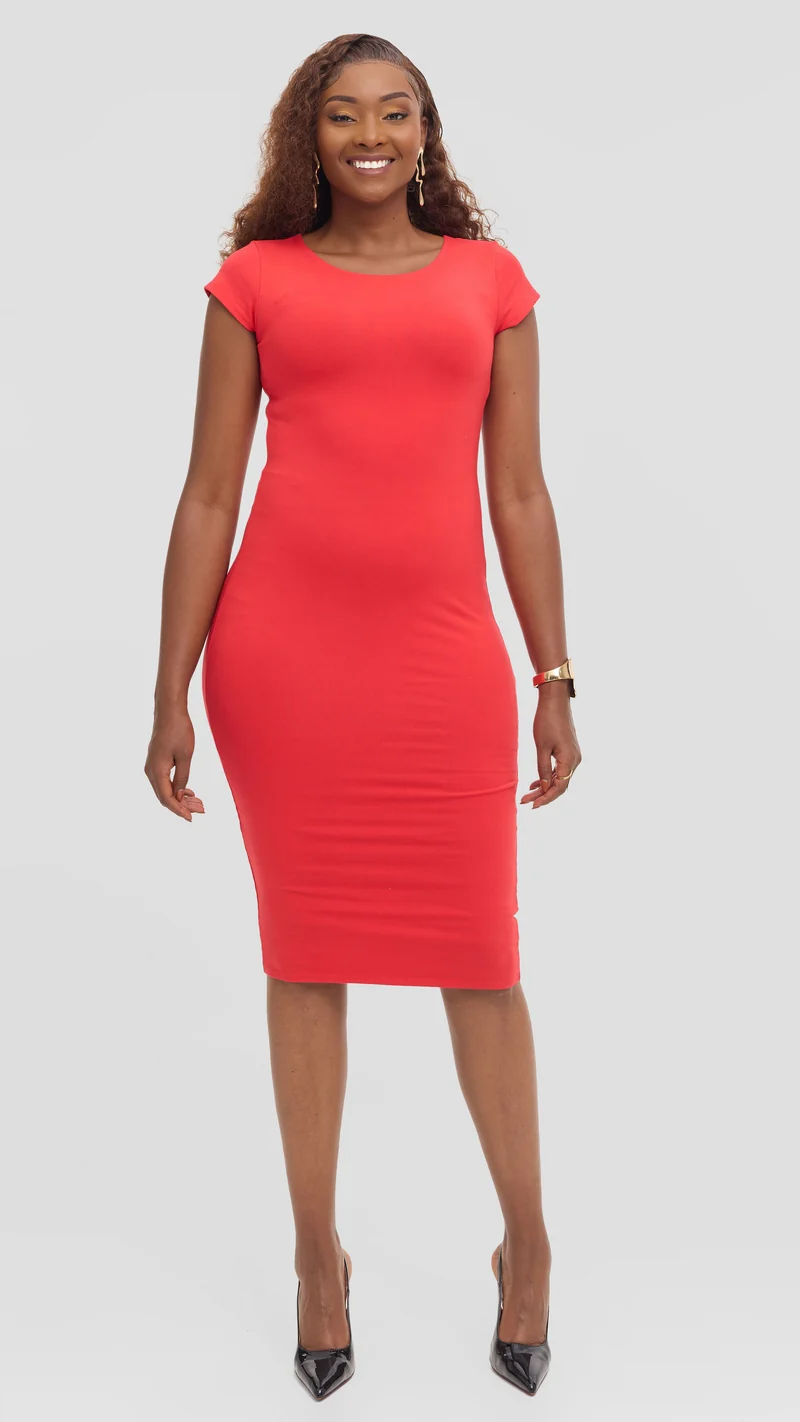 Vivo Basic Cap Sleeve Bodycon in Rayon - Red