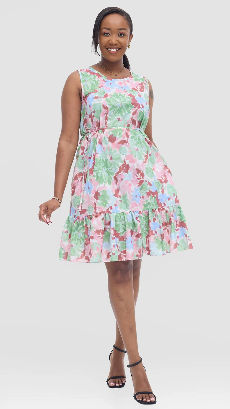 Vivo Dalia Sleeveless Gathered Dress In Cotton - Maroon Multicolor Print