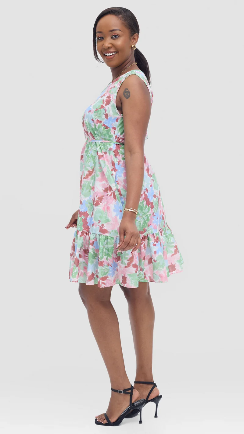 Vivo Dalia Sleeveless Gathered Dress In Cotton - Maroon Multicolor Print