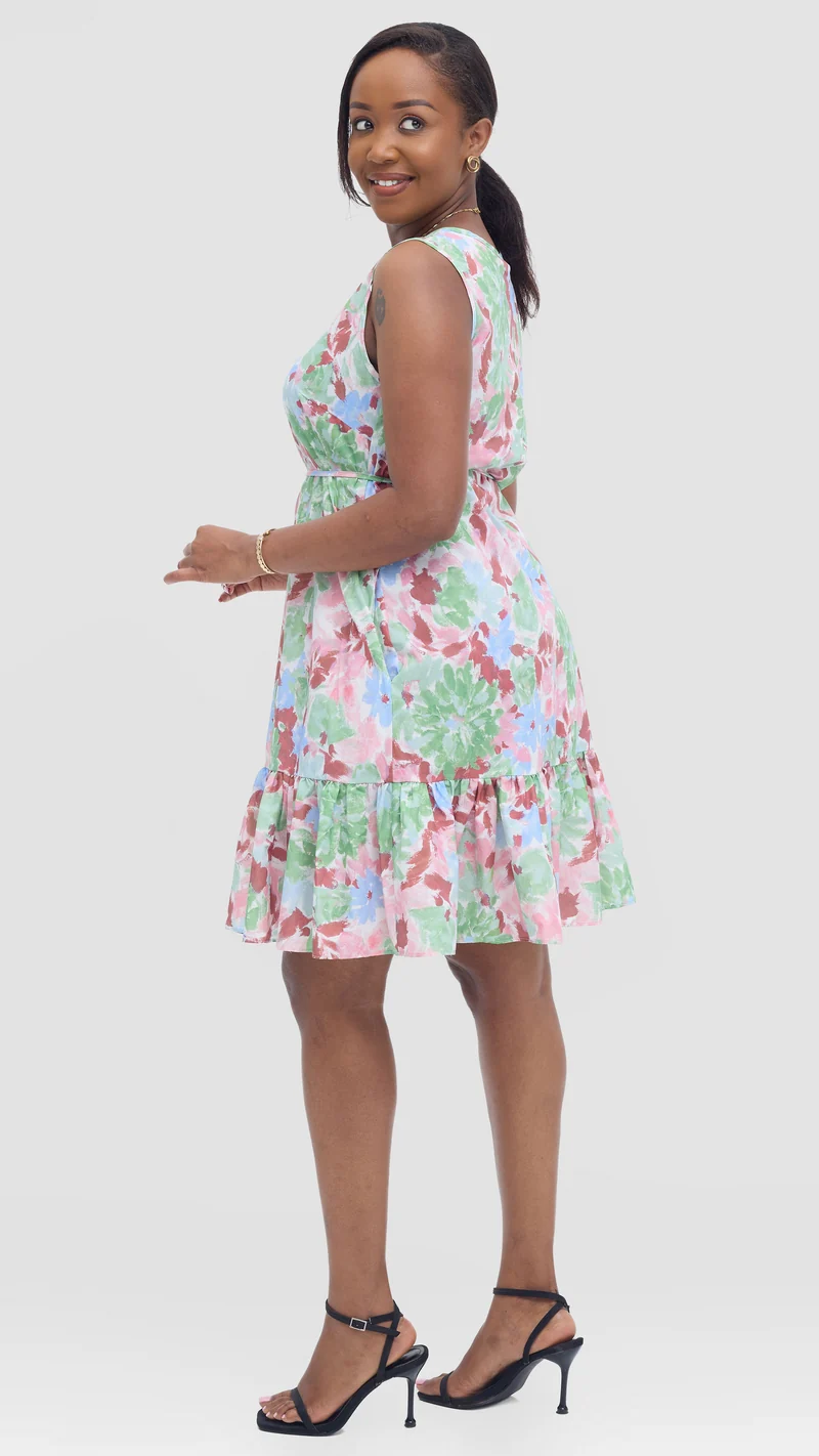 Vivo Dalia Sleeveless Gathered Dress In Cotton - Maroon Multicolor Print