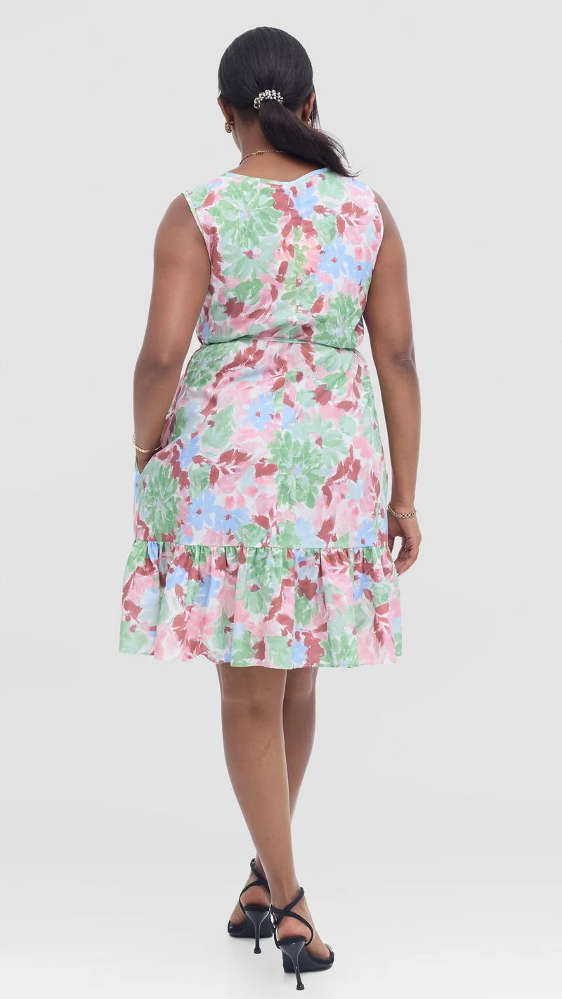 Vivo Dalia Sleeveless Gathered Dress In Cotton - Maroon Multicolor Print