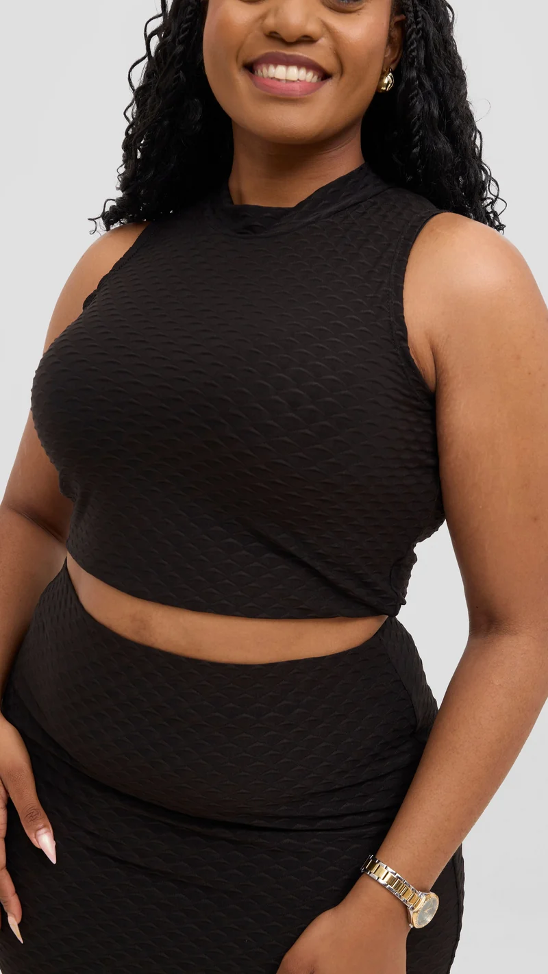 Vivo Kaisa Mock Neck Sleeveless Top - Black Hill Texture