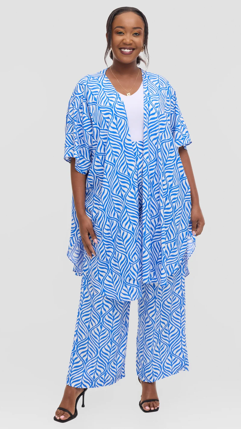 Vivo Samira Wide Kimono in Rayon - White / Blue Leaf Print