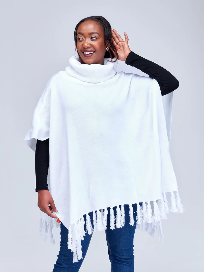 Vivo Turtleneck Knit Fringe Poncho - White