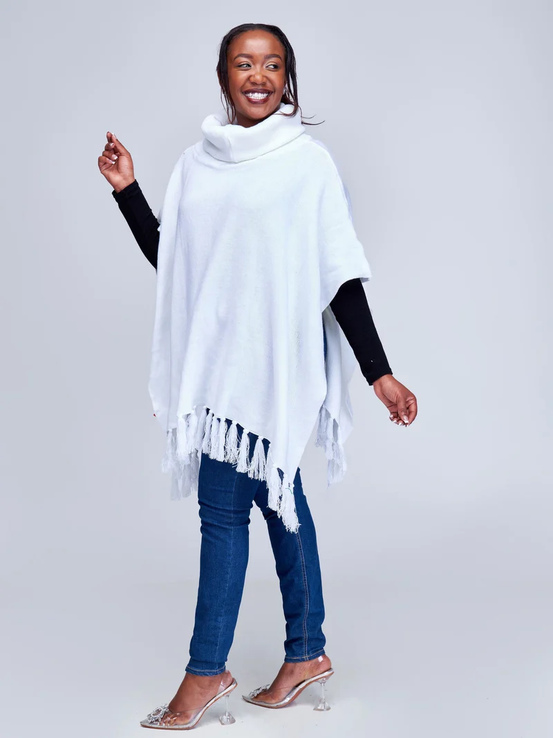Vivo Turtleneck Knit Fringe Poncho - White