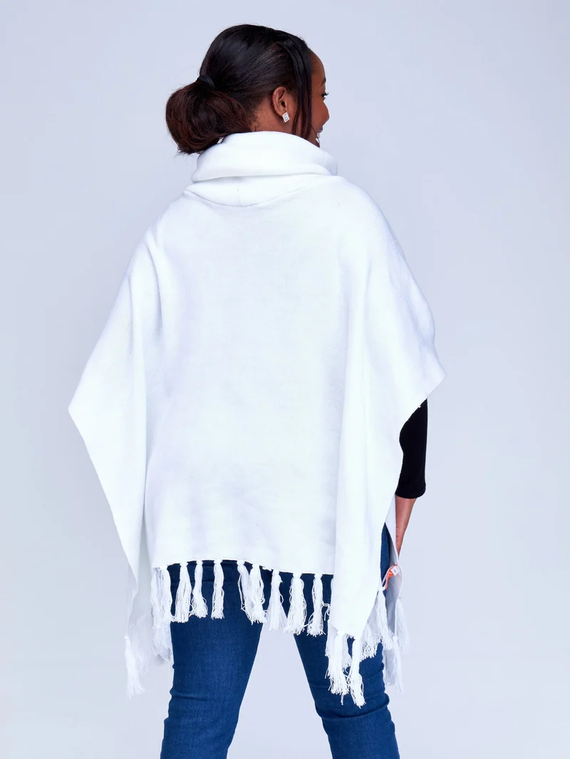 Vivo Turtleneck Knit Fringe Poncho - White
