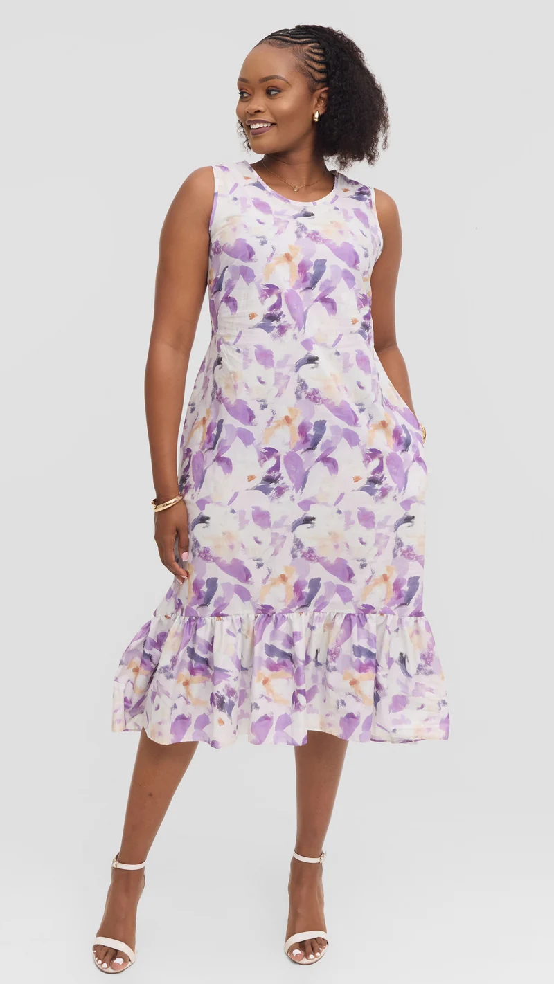 Vivo Dalia Sleeveless Tie Midi Dress in Print Cotton - Lilac Multicolor Print
