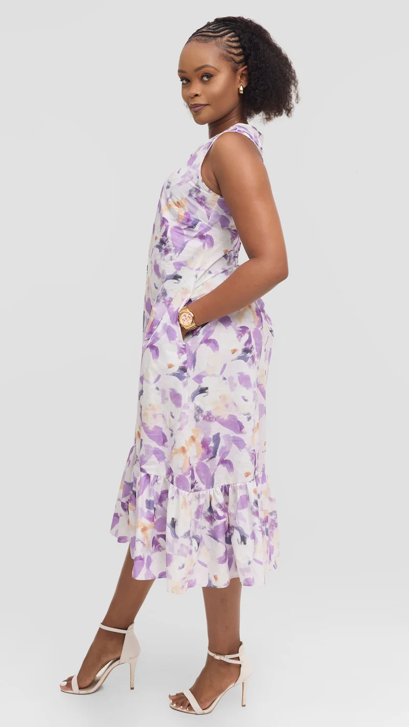 Vivo Dalia Sleeveless Tie Midi Dress in Print Cotton - Lilac Multicolor Print