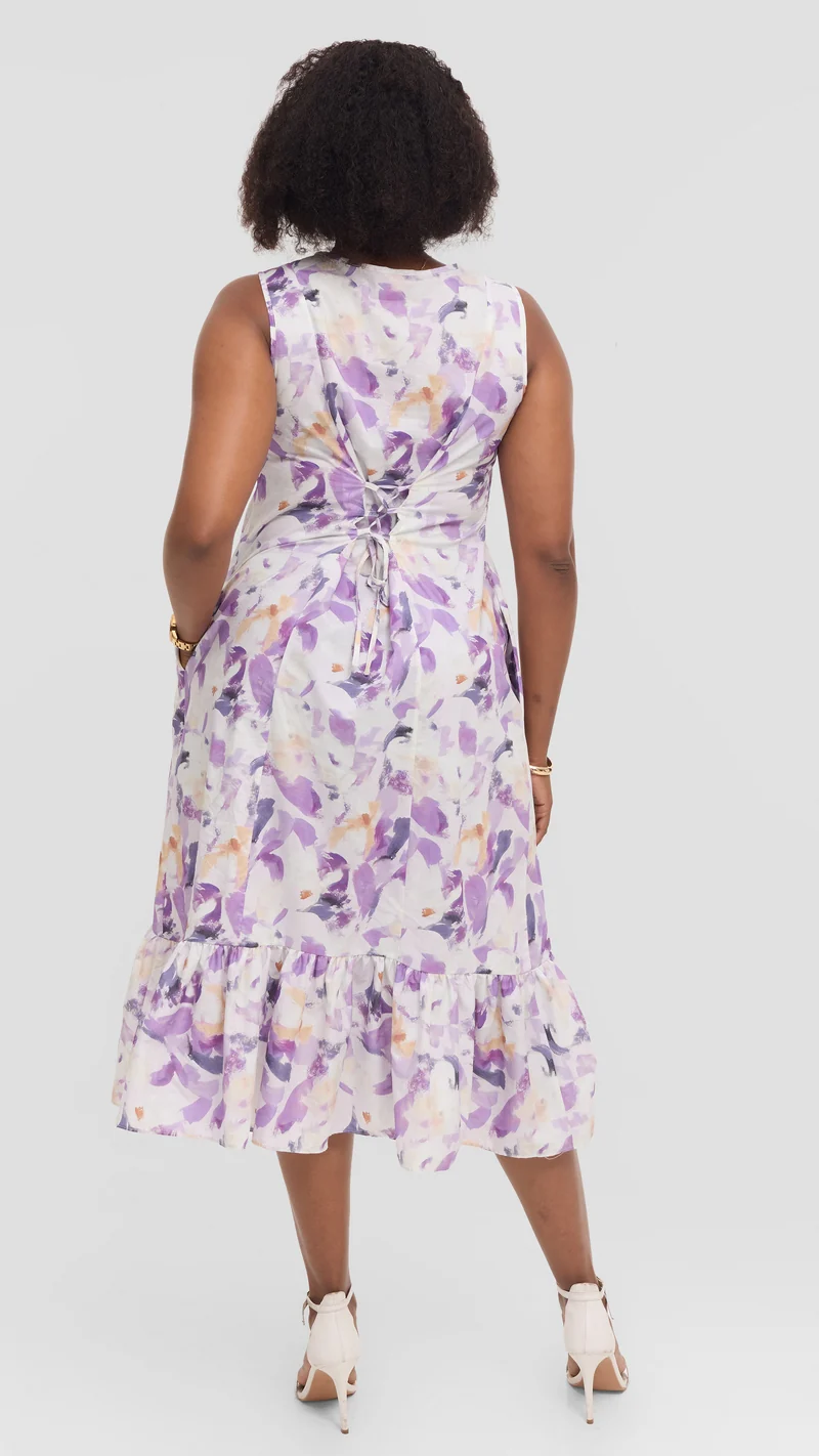 Vivo Dalia Sleeveless Tie Midi Dress in Print Cotton - Lilac Multicolor Print