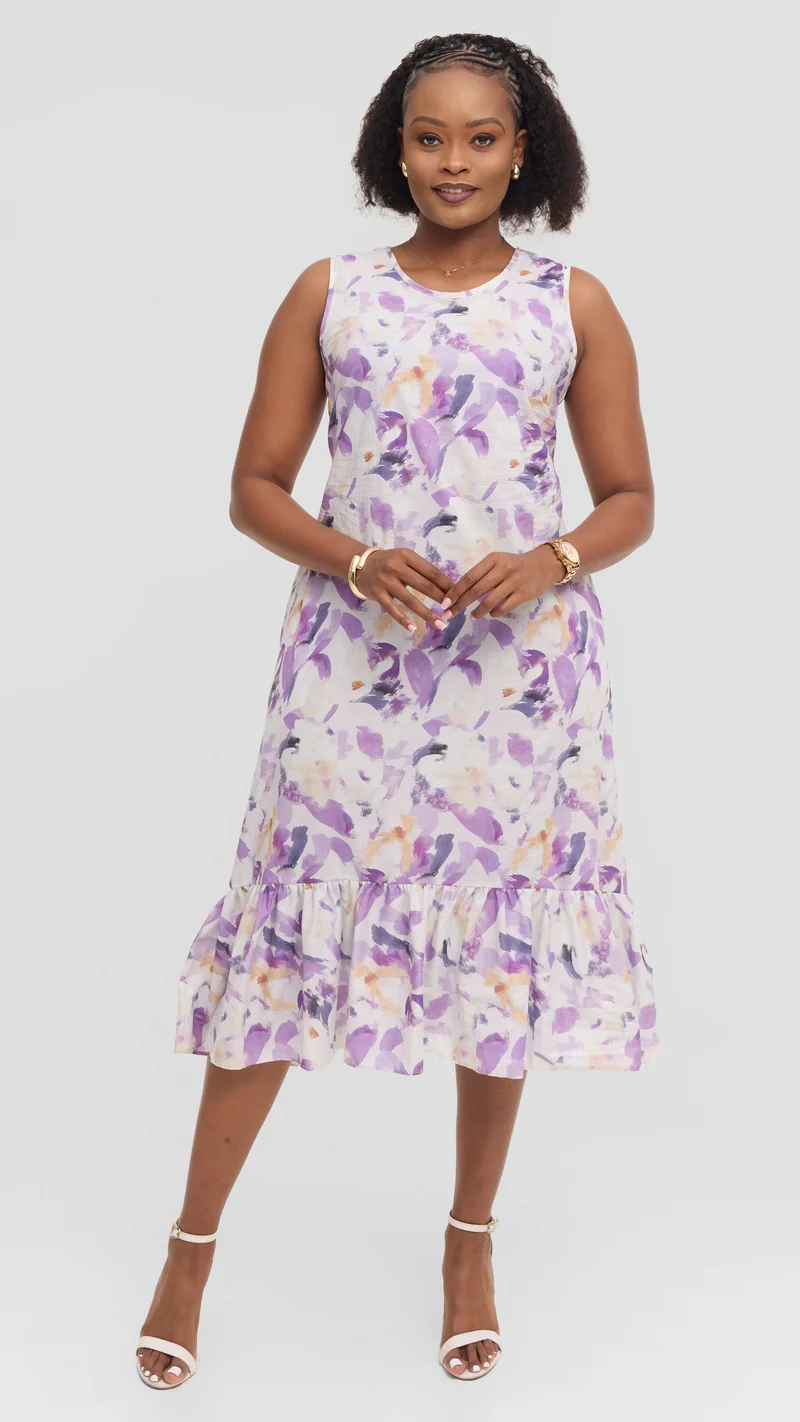 Vivo Dalia Sleeveless Tie Midi Dress in Print Cotton - Lilac Multicolor Print