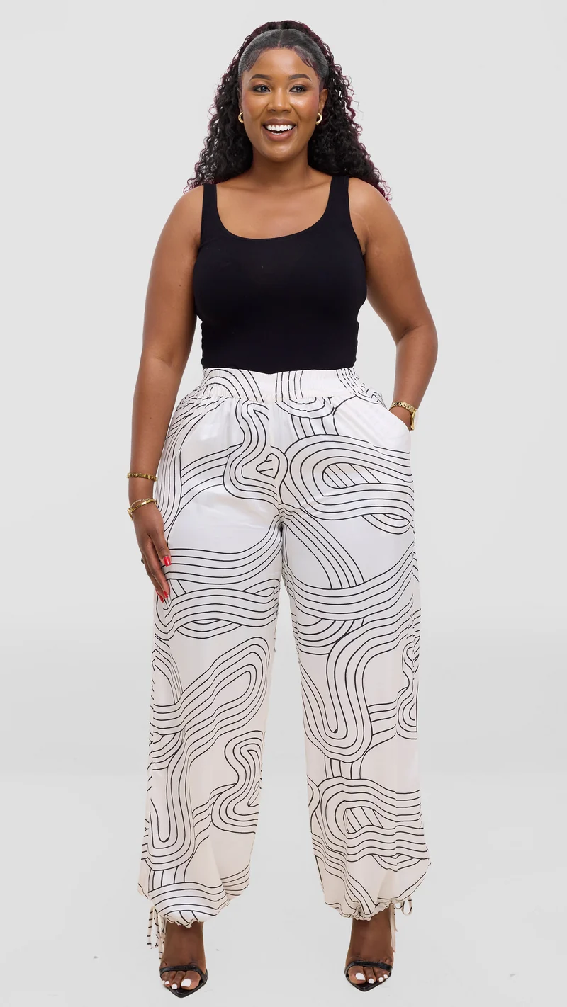 Vivo Liora Drawstring Pants In Satin - Off White / Black Print