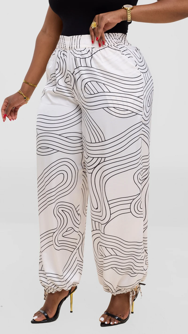 Vivo Liora Drawstring Pants In Satin - Off White / Black Print