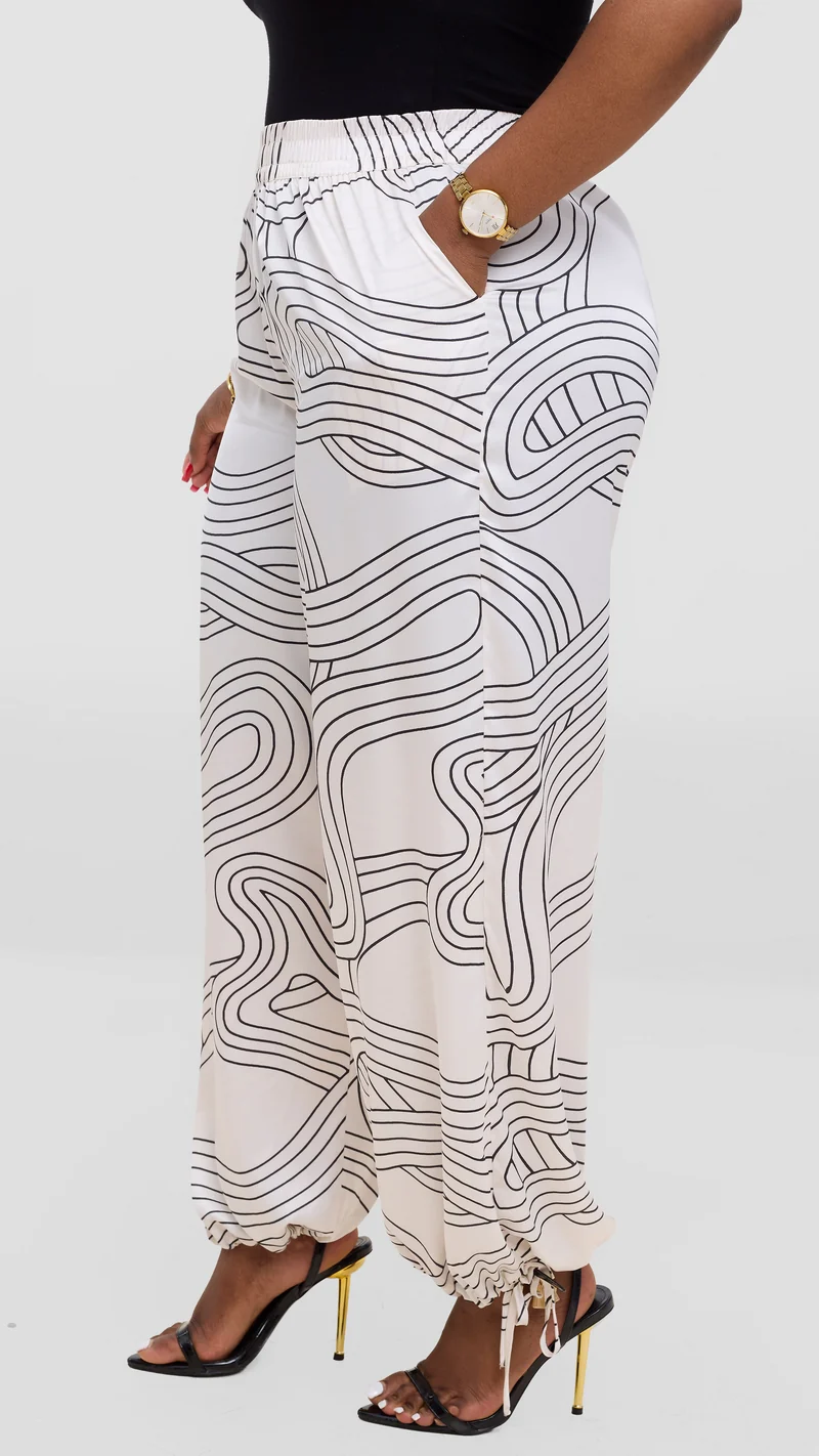Vivo Liora Drawstring Pants In Satin - Off White / Black Print