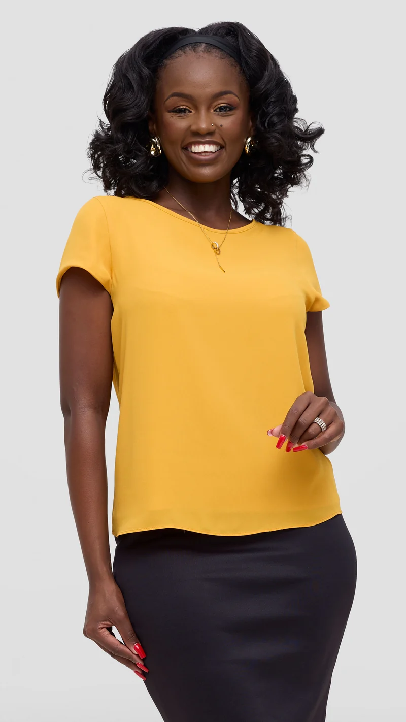 Vivo Basic Chiffon Cap Sleeve Top (Double Layered) - Mustard