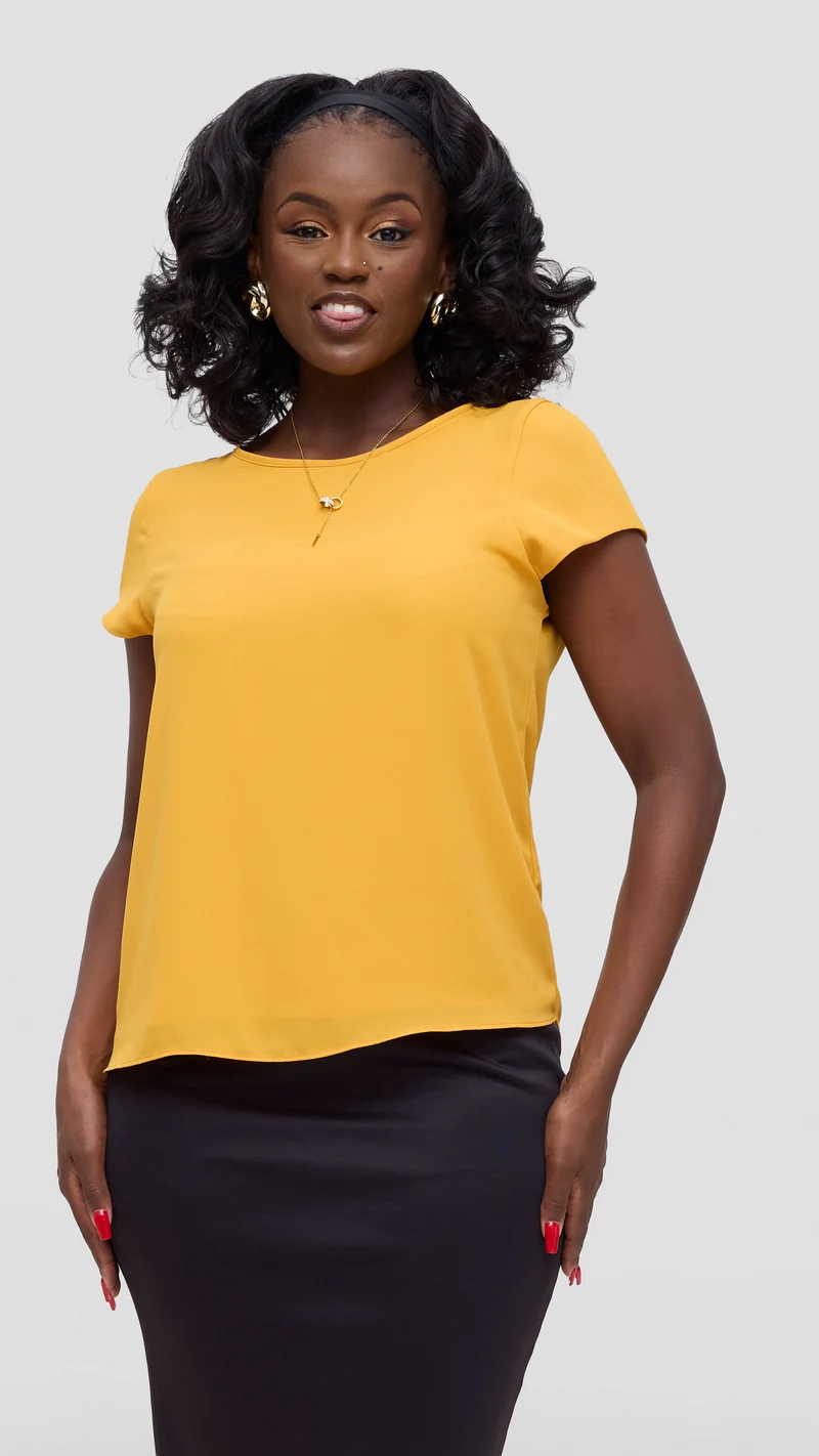 Vivo Basic Chiffon Cap Sleeve Top (Double Layered) - Mustard