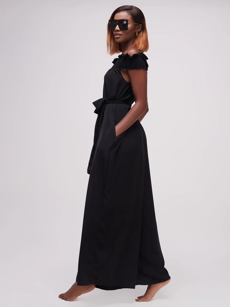 Vivo Alek Shirred Off- Shoulder Jumpsuit In Crepe - Black