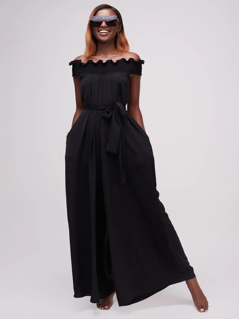 Vivo Alek Shirred Off- Shoulder Jumpsuit In Crepe - Black