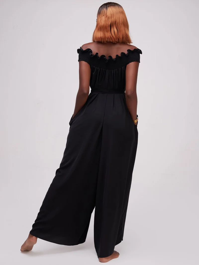 Vivo Alek Shirred Off- Shoulder Jumpsuit In Crepe - Black