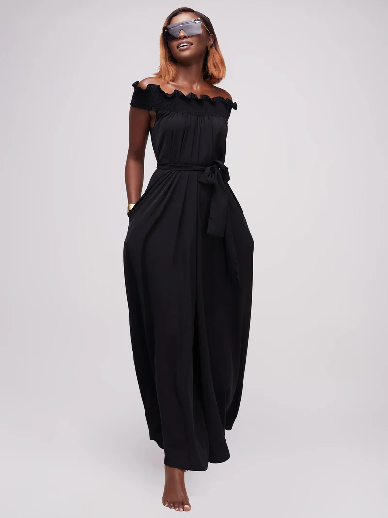 Vivo Alek Shirred Off- Shoulder Jumpsuit In Crepe - Black