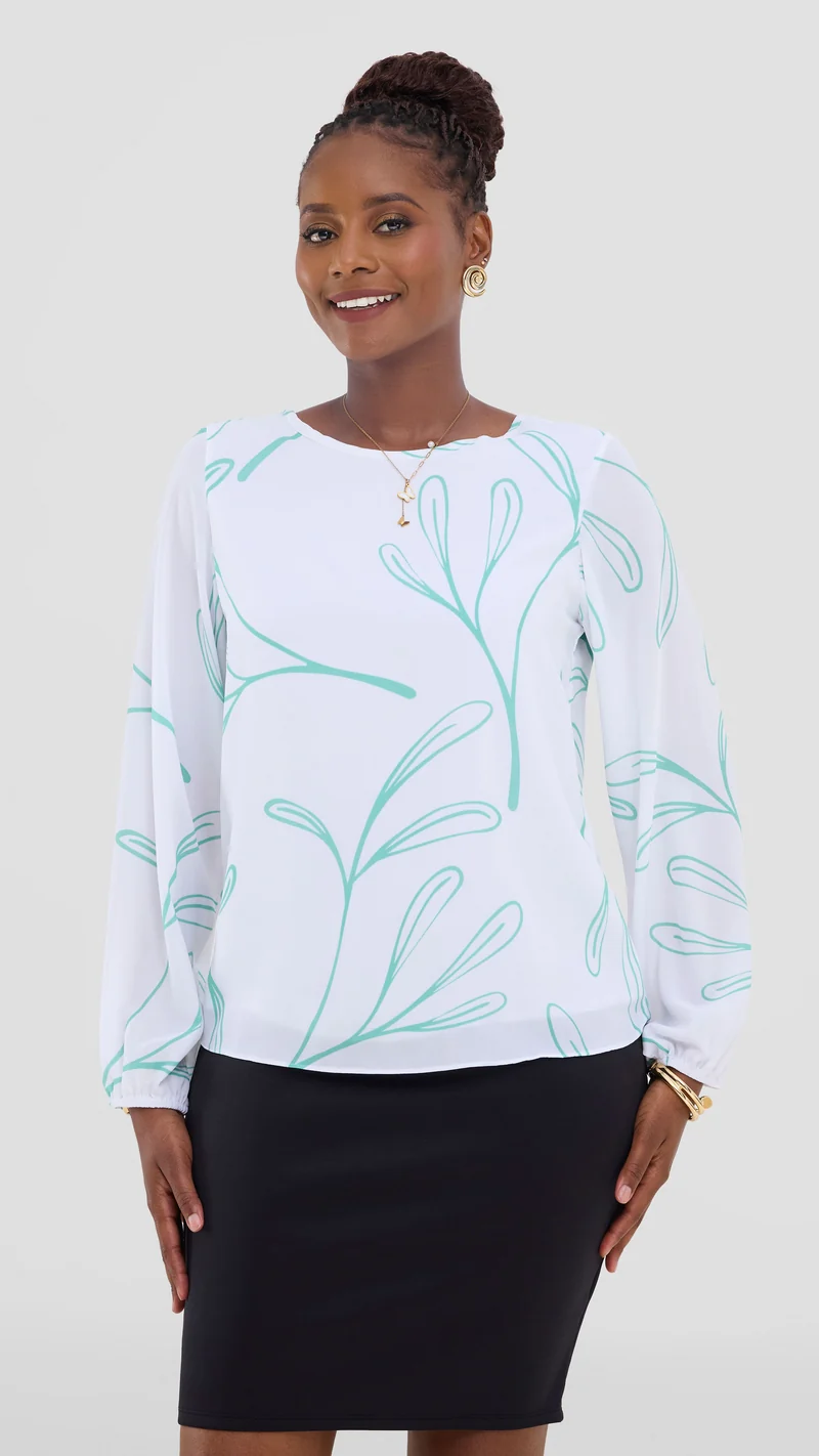 Vivo Basic Bishop Sleeve Top In Chiffon (Double Layered) - White / Green Print