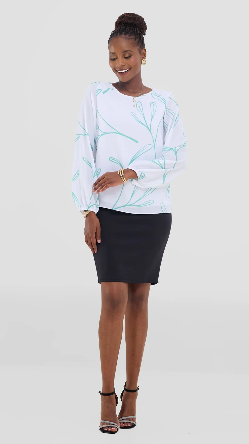Vivo Basic Bishop Sleeve Top In Chiffon (Double Layered) - White / Green Print