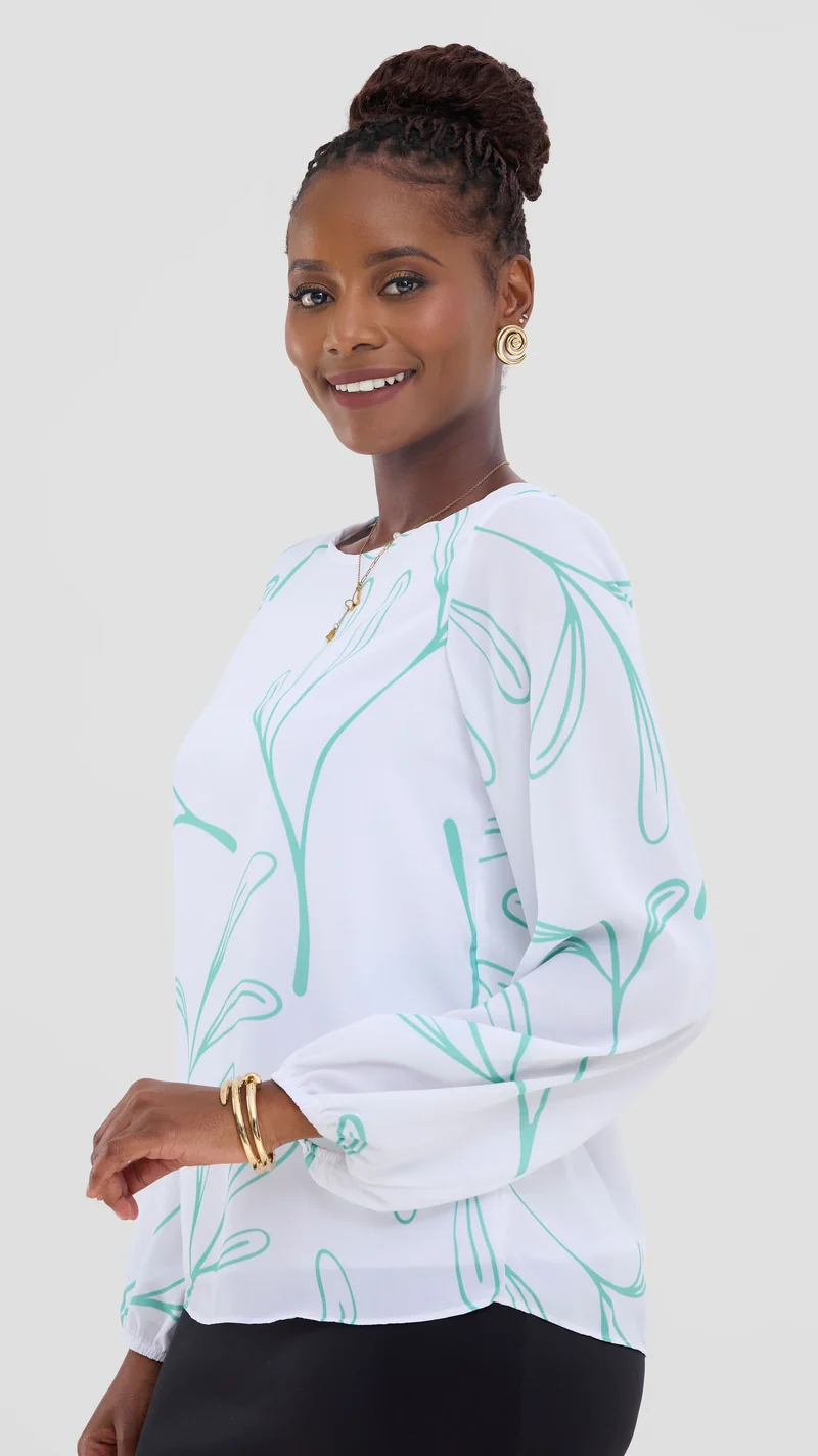 Vivo Basic Bishop Sleeve Top In Chiffon (Double Layered) - White / Green Print