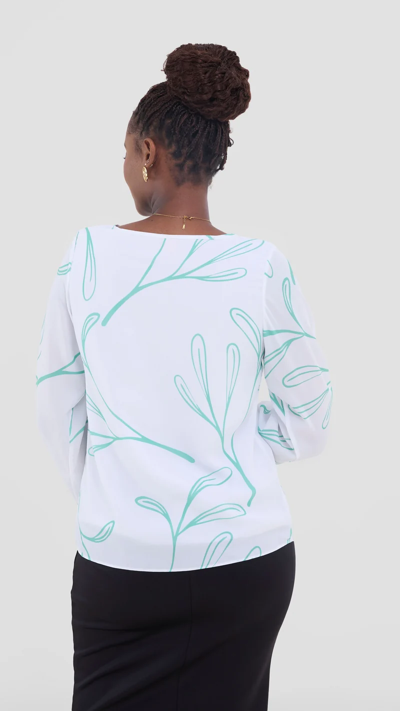 Vivo Basic Bishop Sleeve Top In Chiffon (Double Layered) - White / Green Print
