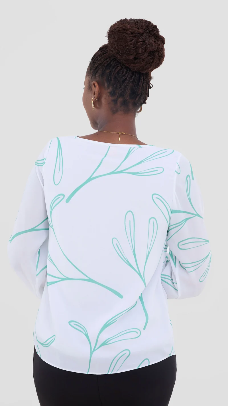 Vivo Basic Bishop Sleeve Top In Chiffon (Double Layered) - White / Green Print