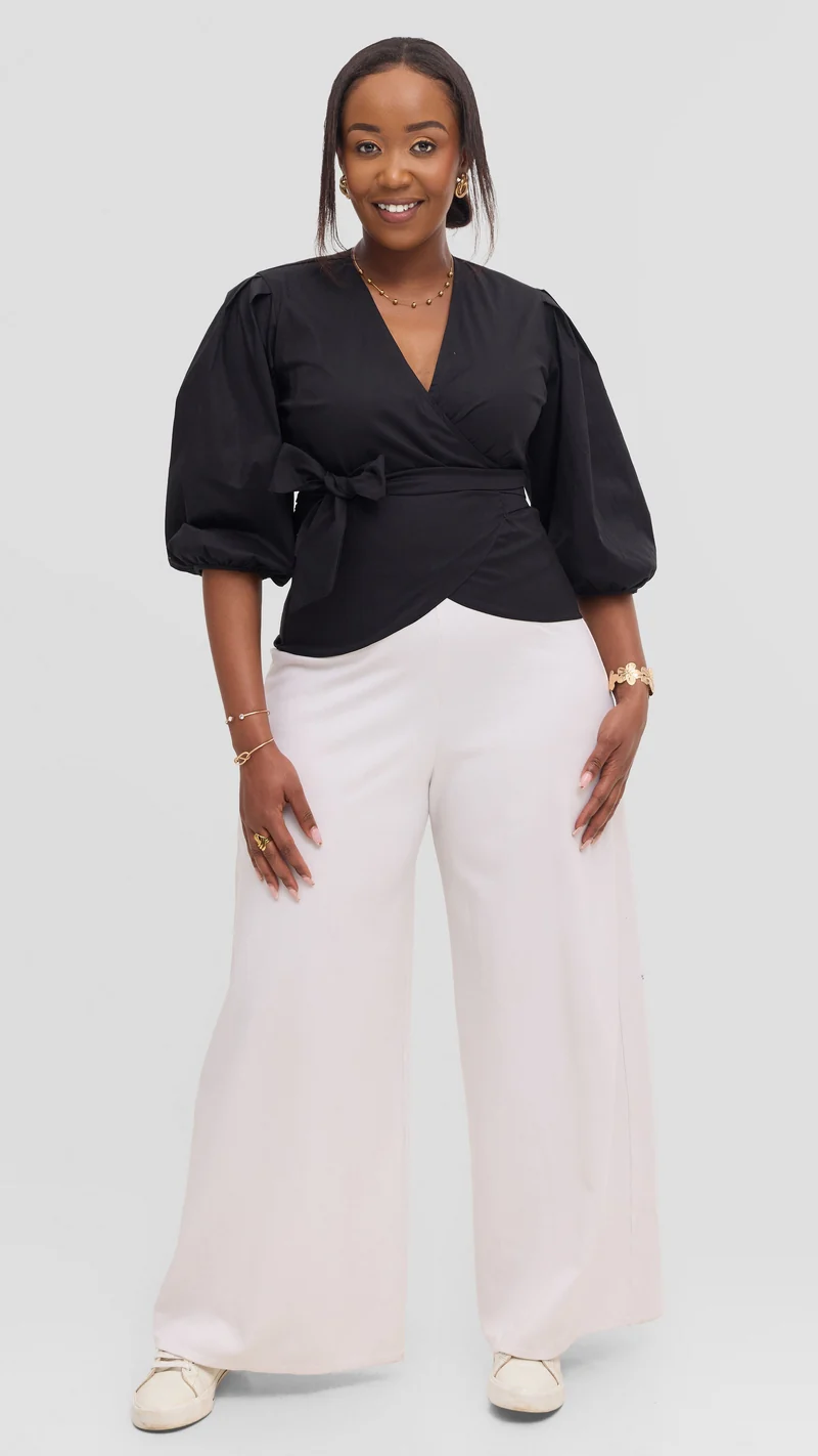 Vivo Cotton 3/4 Sleeve Wrap Top - Black
