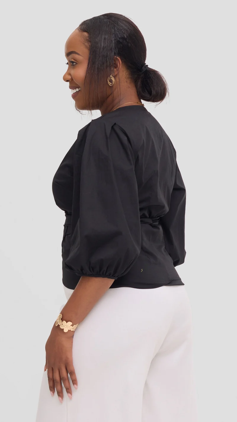 Vivo Cotton 3/4 Sleeve Wrap Top - Black