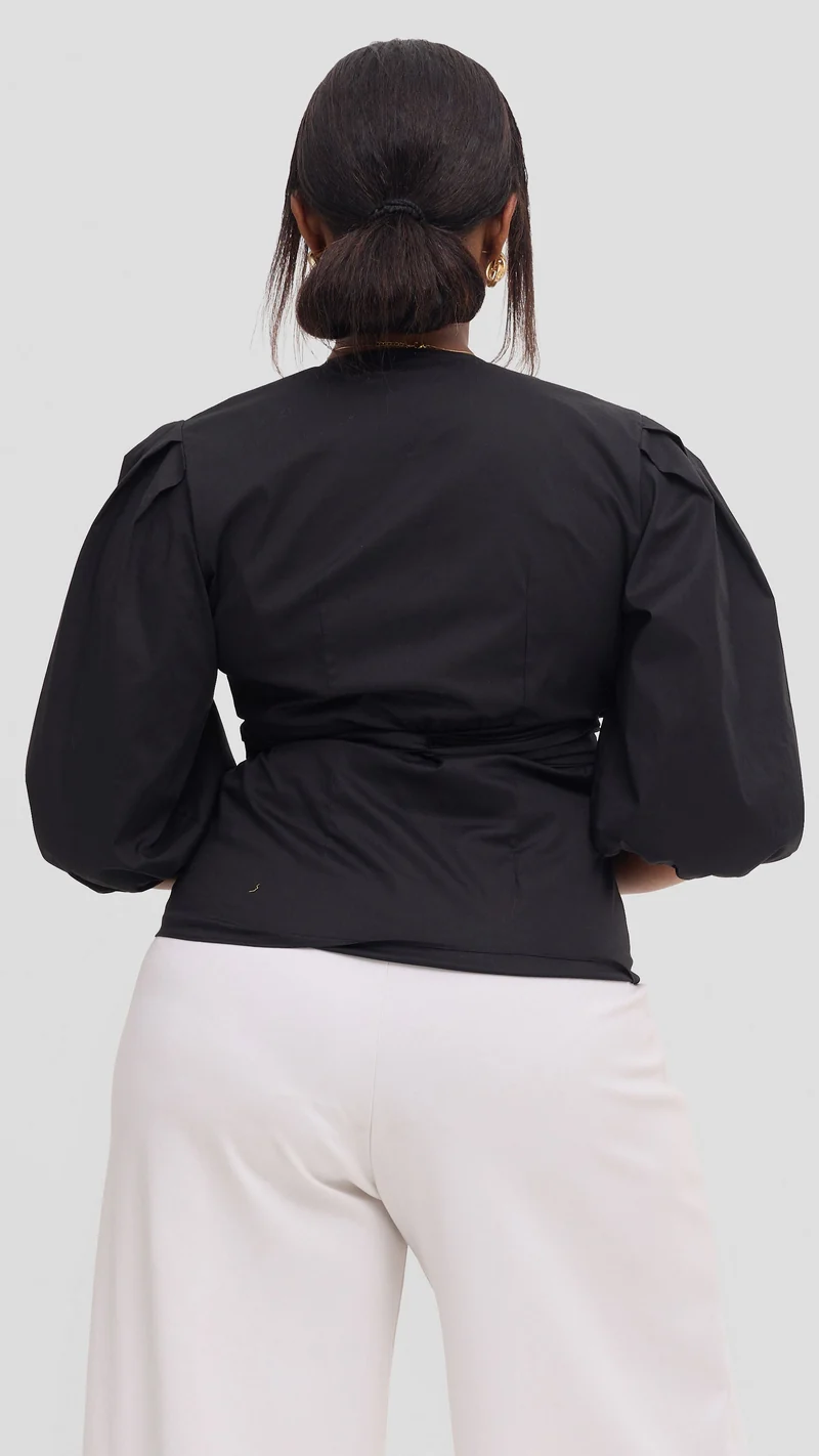 Vivo Cotton 3/4 Sleeve Wrap Top - Black