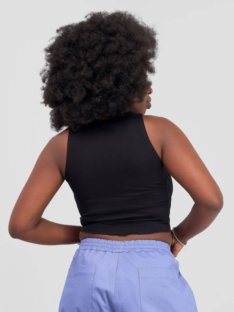 Zoya Banda Halter Neck Assymetrical Crop Top - Black