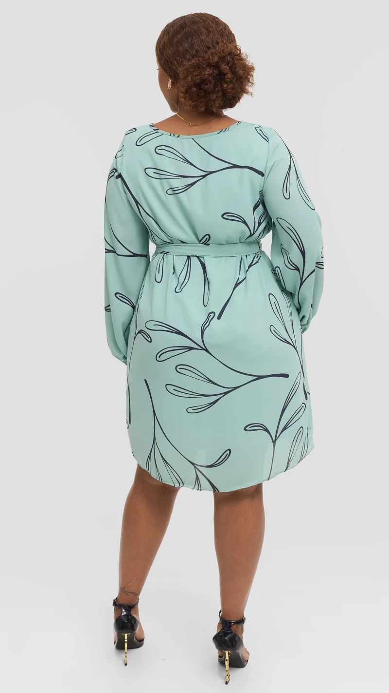 Vivo Zawadi Shift Dress in Chiffon - Sea Green / Navy Print