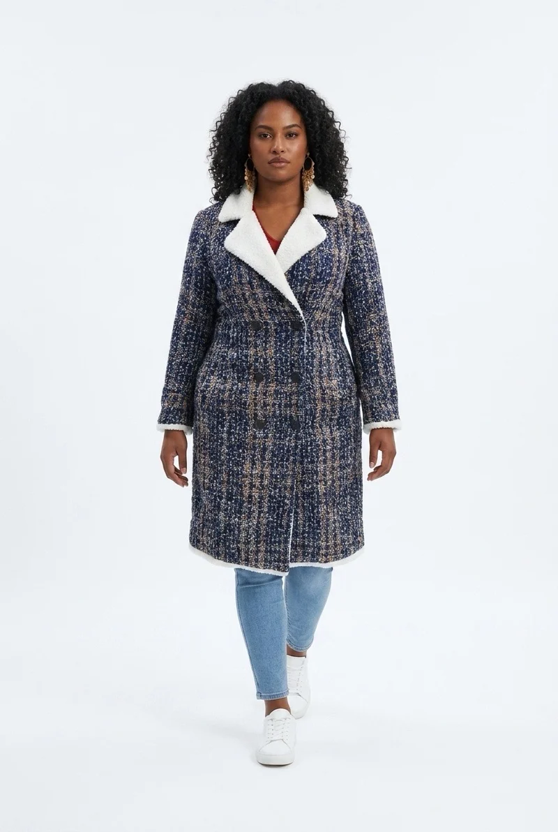 Stylish Sisters Double-Breasted Tweed Sherpa-Trimmed Long Coat- Multicolored