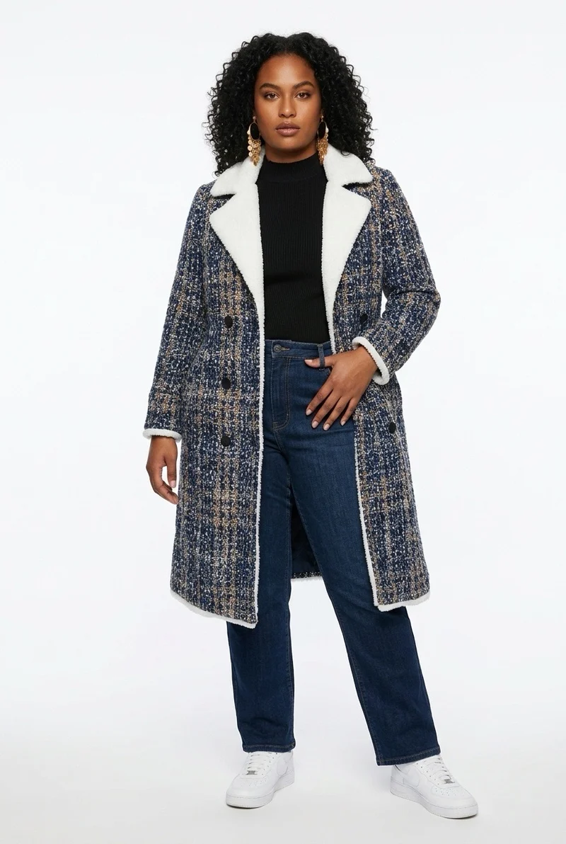 Stylish Sisters Double-Breasted Tweed Sherpa-Trimmed Long Coat- Multicolored
