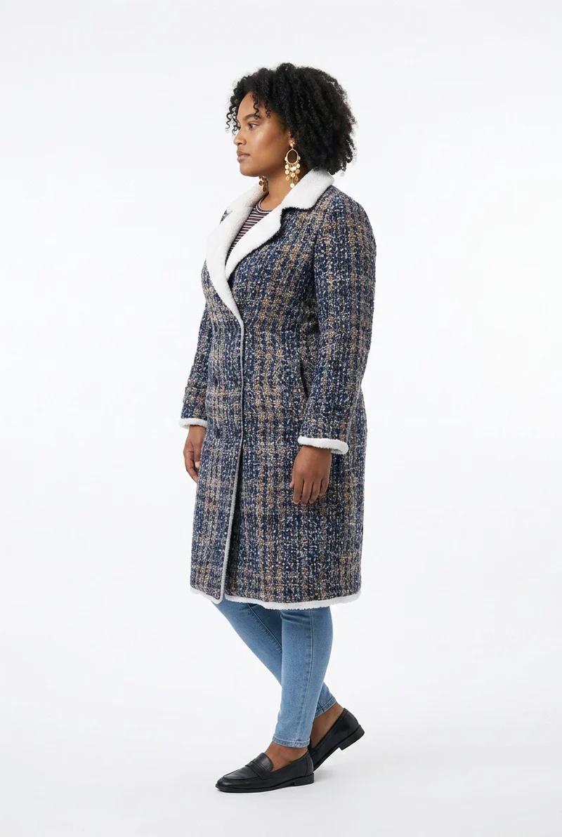 Stylish Sisters Double-Breasted Tweed Sherpa-Trimmed Long Coat- Multicolored