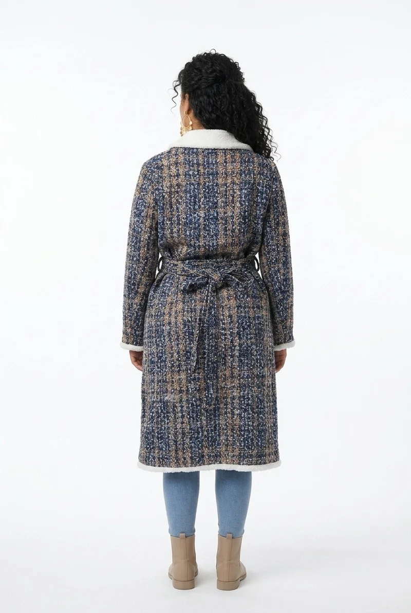 Stylish Sisters Double-Breasted Tweed Sherpa-Trimmed Long Coat- Multicolored