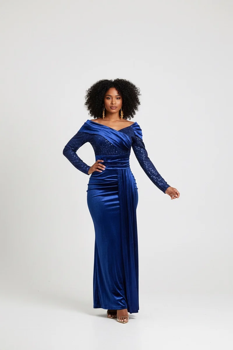 Stylish Sisters Off-Shoulder Sequin Patchwork Satin Gown Dress - Navy Blue