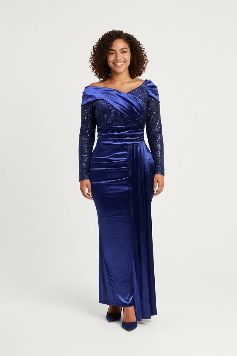 Stylish Sisters Off-Shoulder Sequin Patchwork Satin Gown Dress - Navy Blue