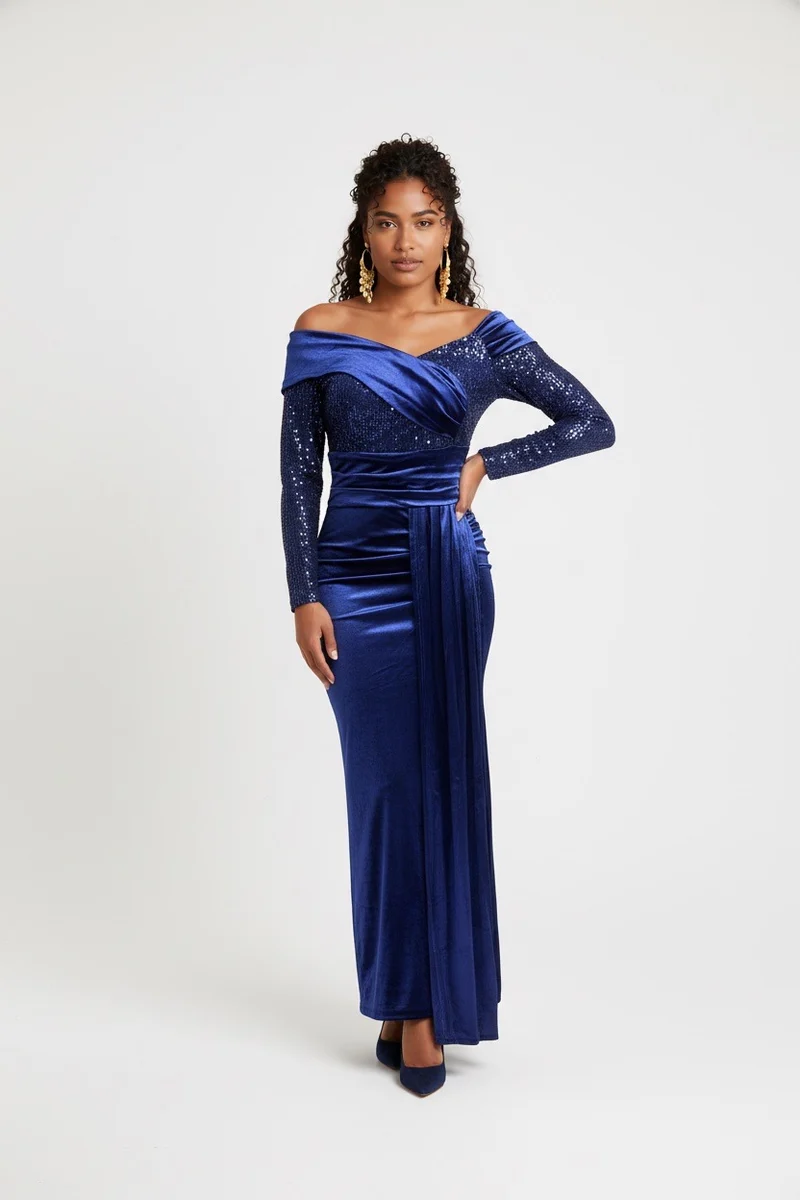 Stylish Sisters Off-Shoulder Sequin Patchwork Satin Gown Dress - Navy Blue