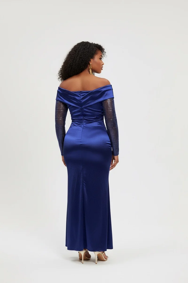 Stylish Sisters Off-Shoulder Sequin Patchwork Satin Gown Dress - Navy Blue
