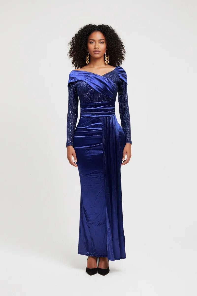 Stylish Sisters Off-Shoulder Sequin Patchwork Satin Gown Dress - Navy Blue