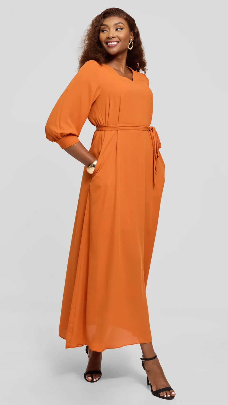 Vivo Hadiya 3/4 Sleeve Maxi Dress in Chiffon - Rust